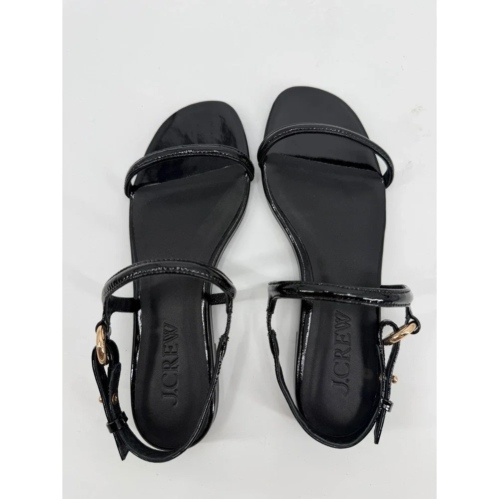 J.Crew Women Black Patent Leather Strappy Slingback Flat Sandals Size 6.5